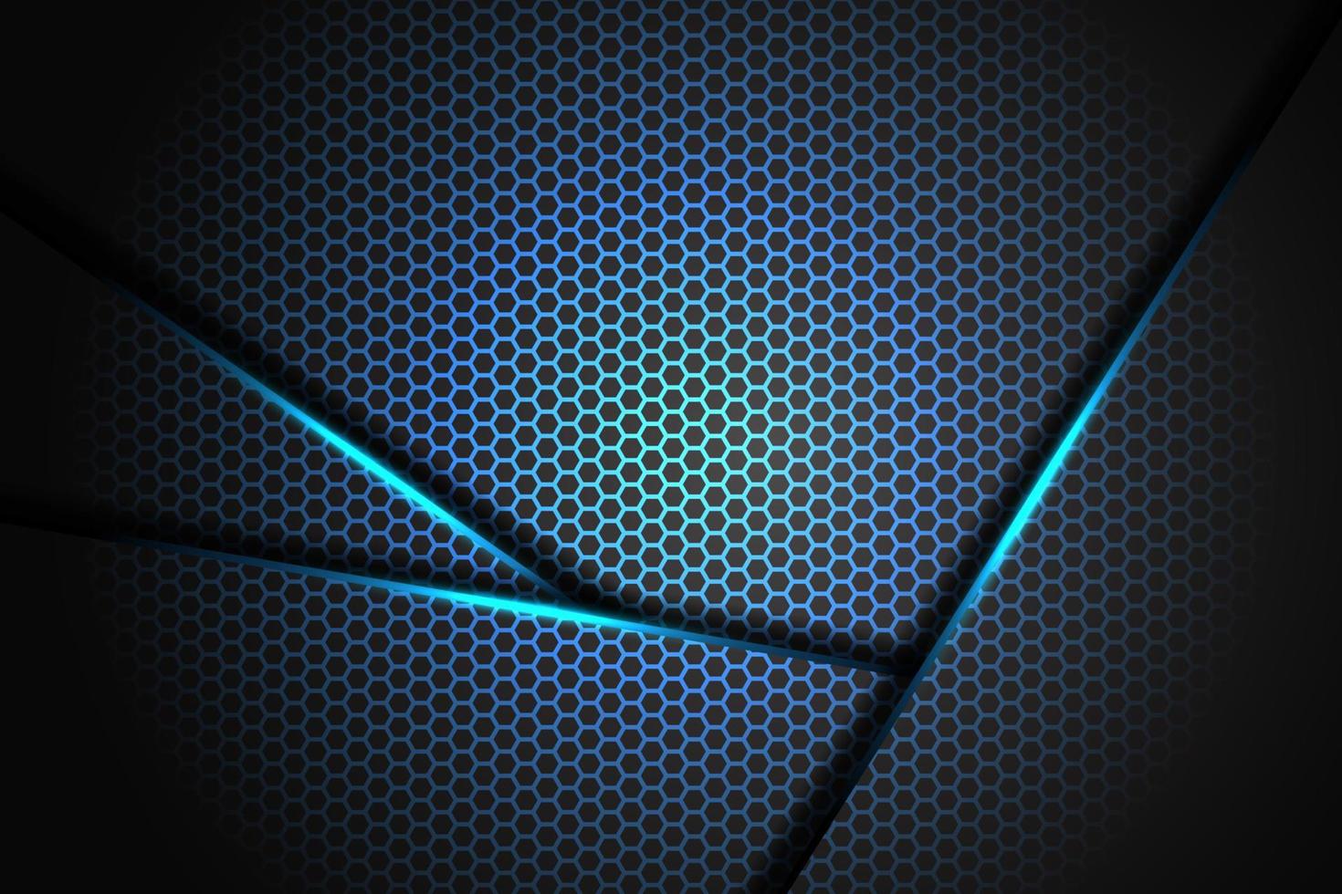 triángulo de barra de luz azul abstracto sobre negro con fondo de malla hexagonal vector