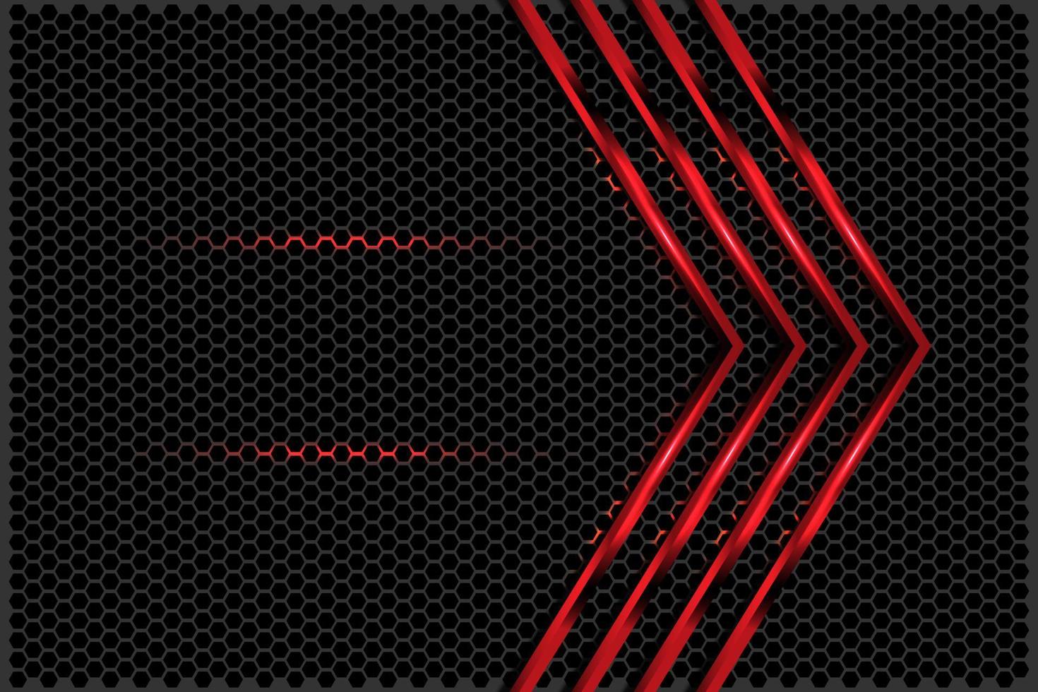 Abstract red light glossy arrow on black with hexagon mesh vector