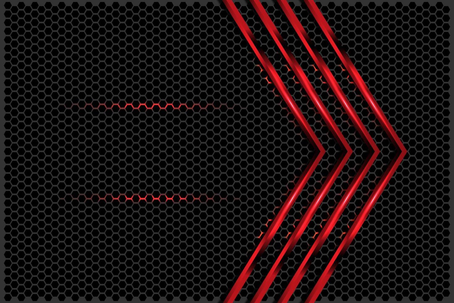 Abstract red light glossy arrow on black with hexagon mesh vector