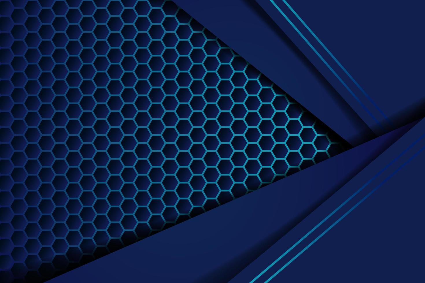 Dark abstract background with blue overlap layers. Modern shape with sparkle light and blue hexagon pattern element decoration. Realistic dimension design vector illustration.