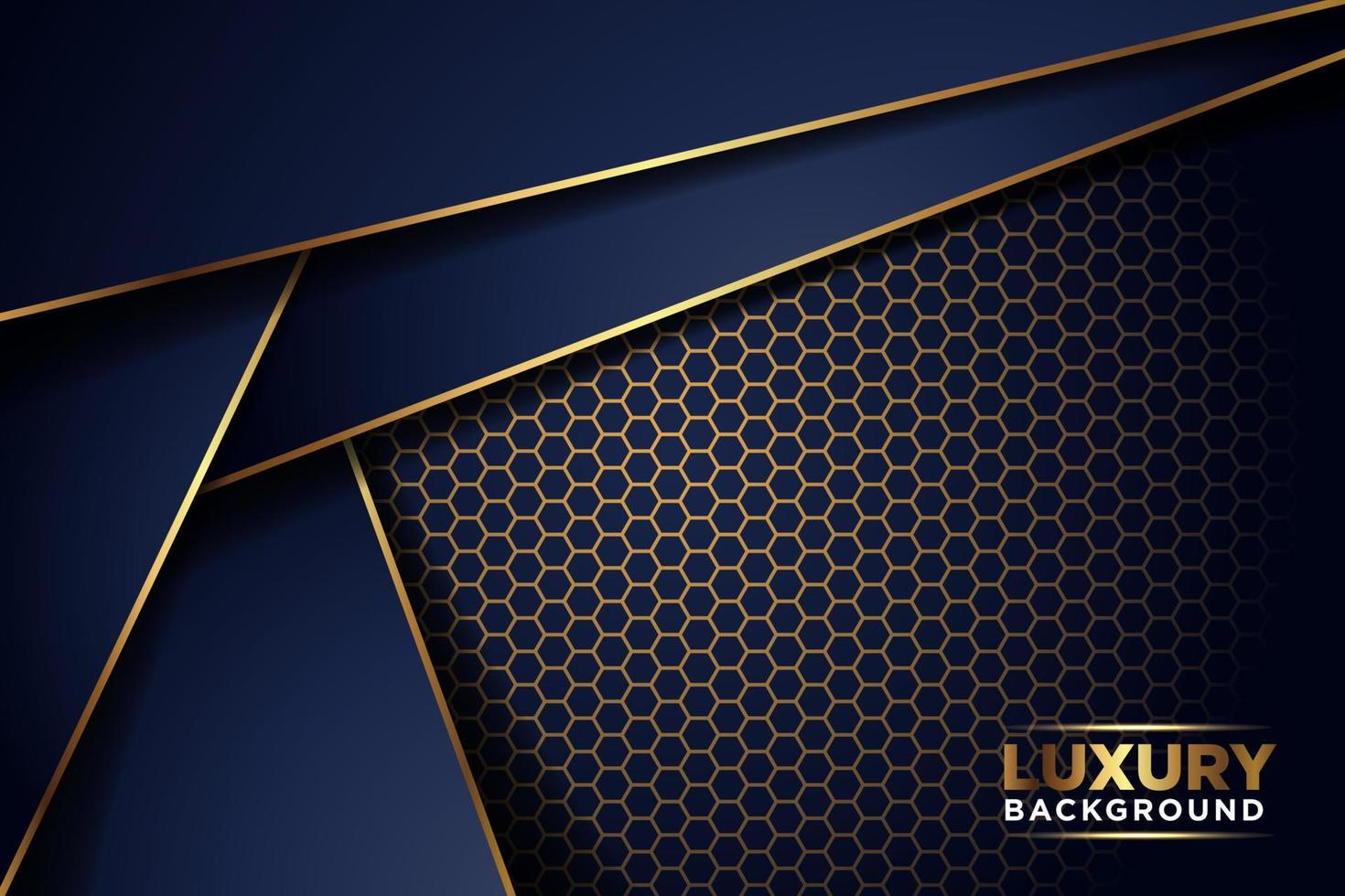 luxurious dark navy gold line overlap background with hexagon mesh vector