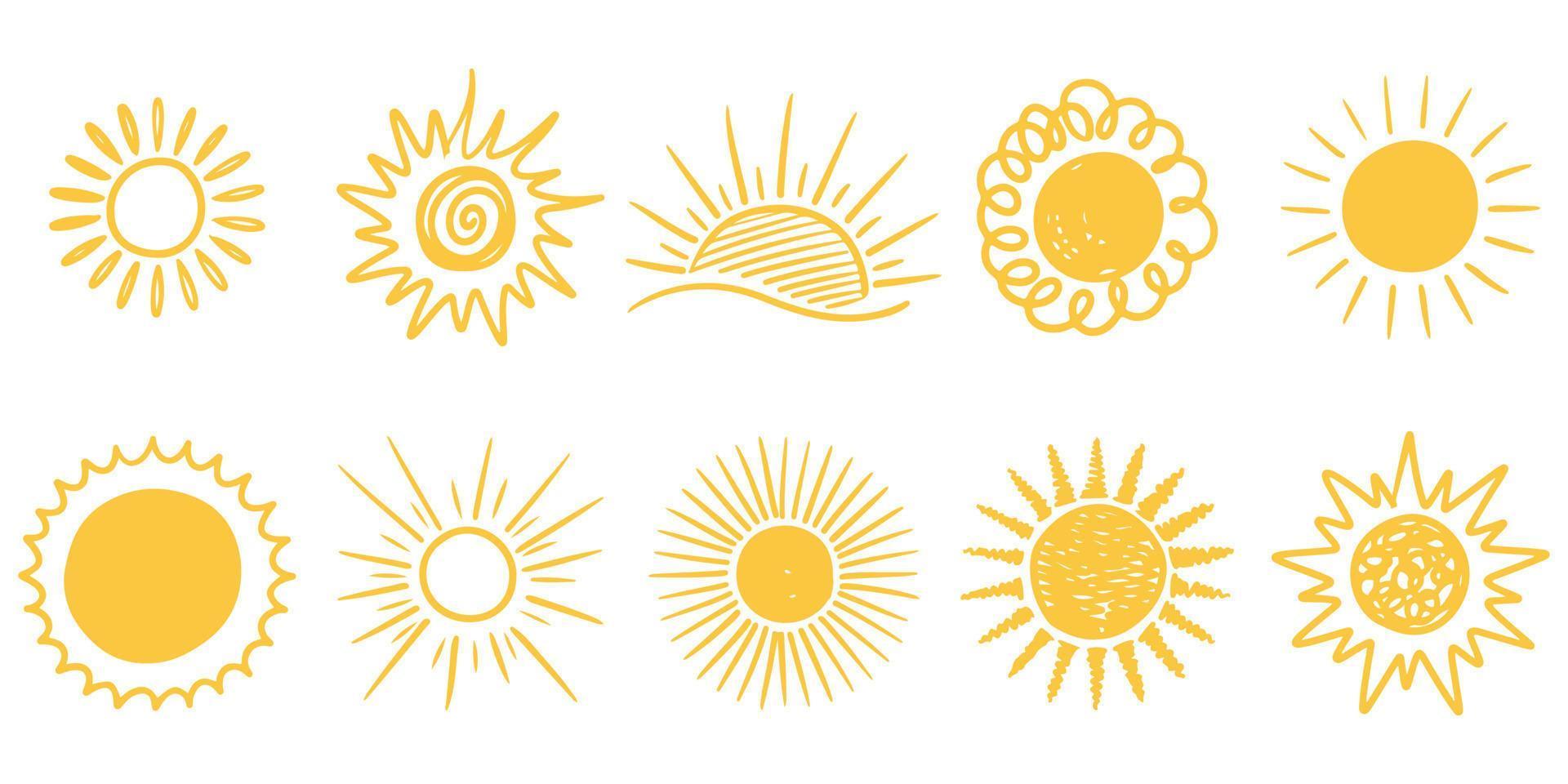 set of doodle sun isolated on white background. Design elements. vector illustration.