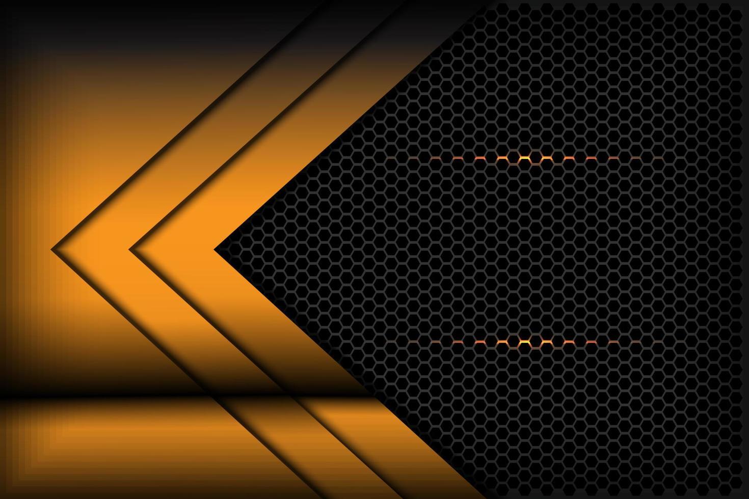 Abstract yellow gradient arrow on black with hexagon mesh vector