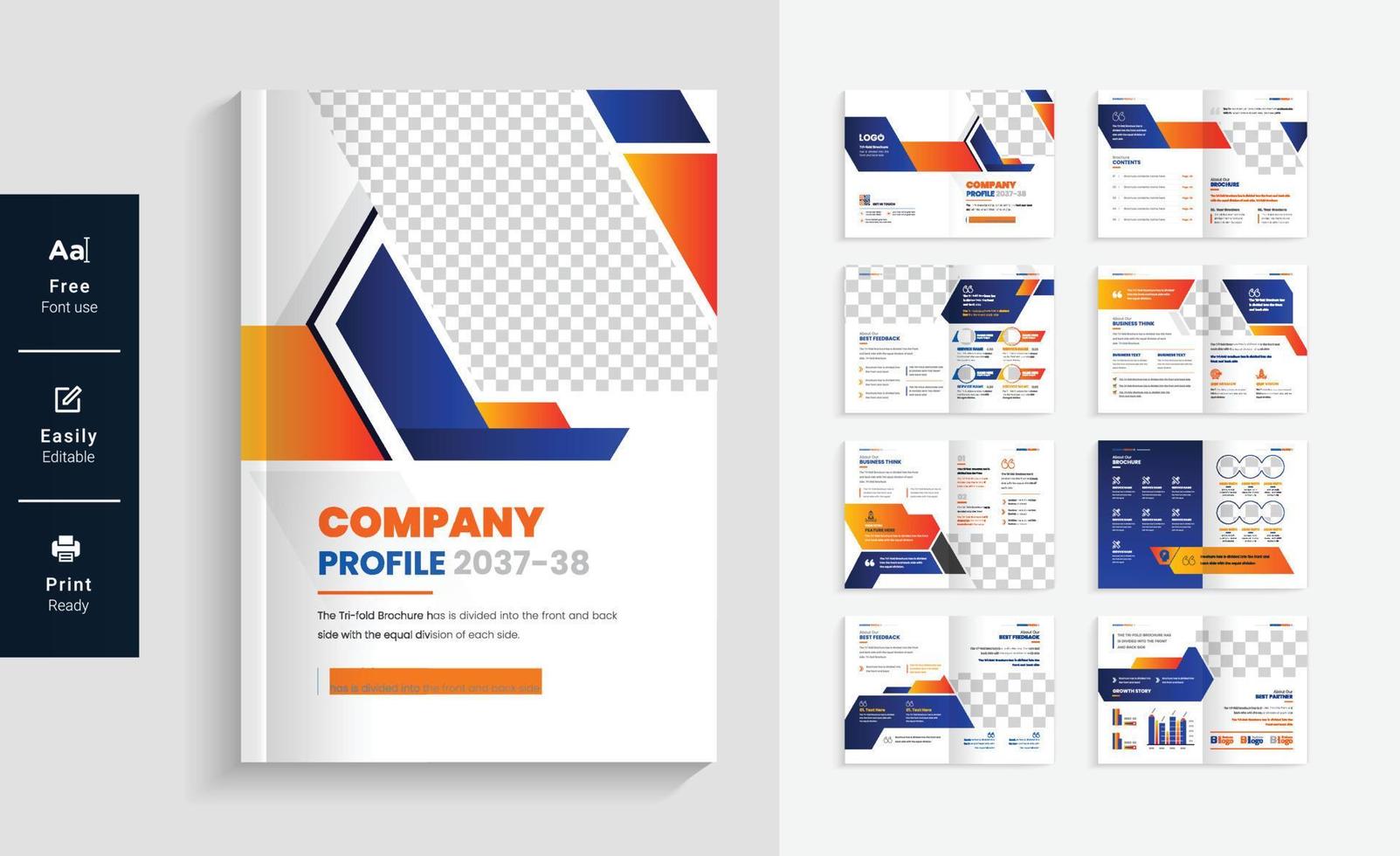 Folleto comercial geométrico moderno de 16 páginas con un diseño abstracto colorido. uso para marketing, impresión, informe anual y presentaciones comerciales vector