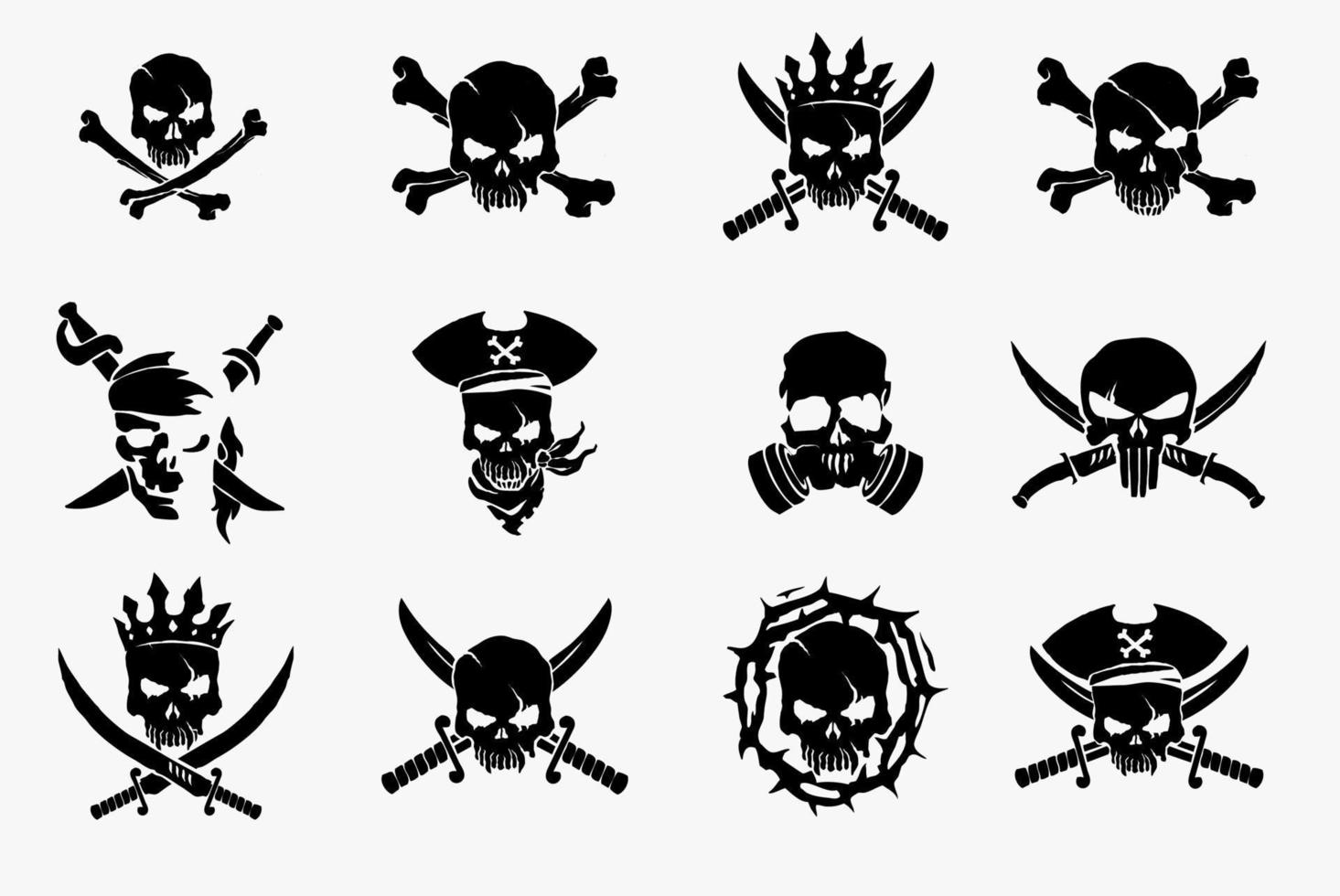 una colección de 12 calaveras vectoriales que puede usar estas calaveras piratas para imprimir en camisetas, ropa, banderas piratas, tazas, almohadas, tablas de snowboard y otros artículos y cosas. vector