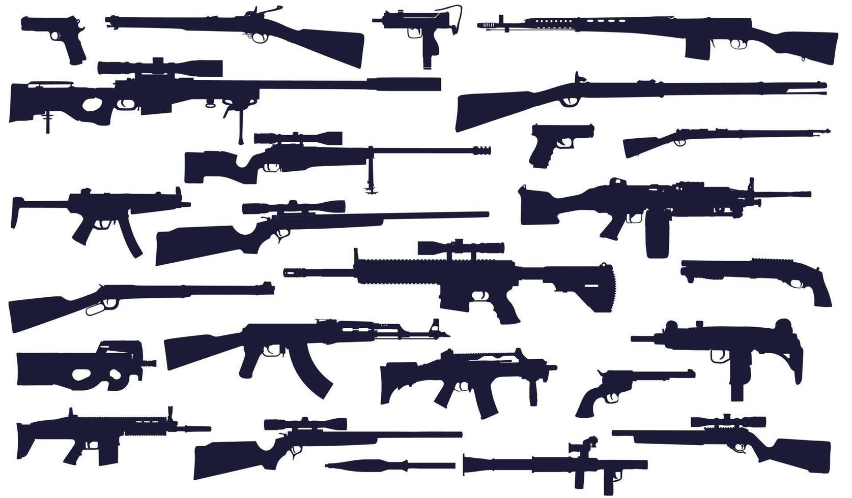 Big set of silhouettes of 24 firearms. Pistols, rifles, shotguns, small-caliber weapons and even a grenade launcher in one place. vector