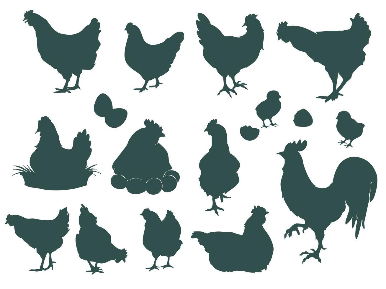 Set of silhouettes of hen, chick and rooster. Silhouettes of village hens and rooster vector