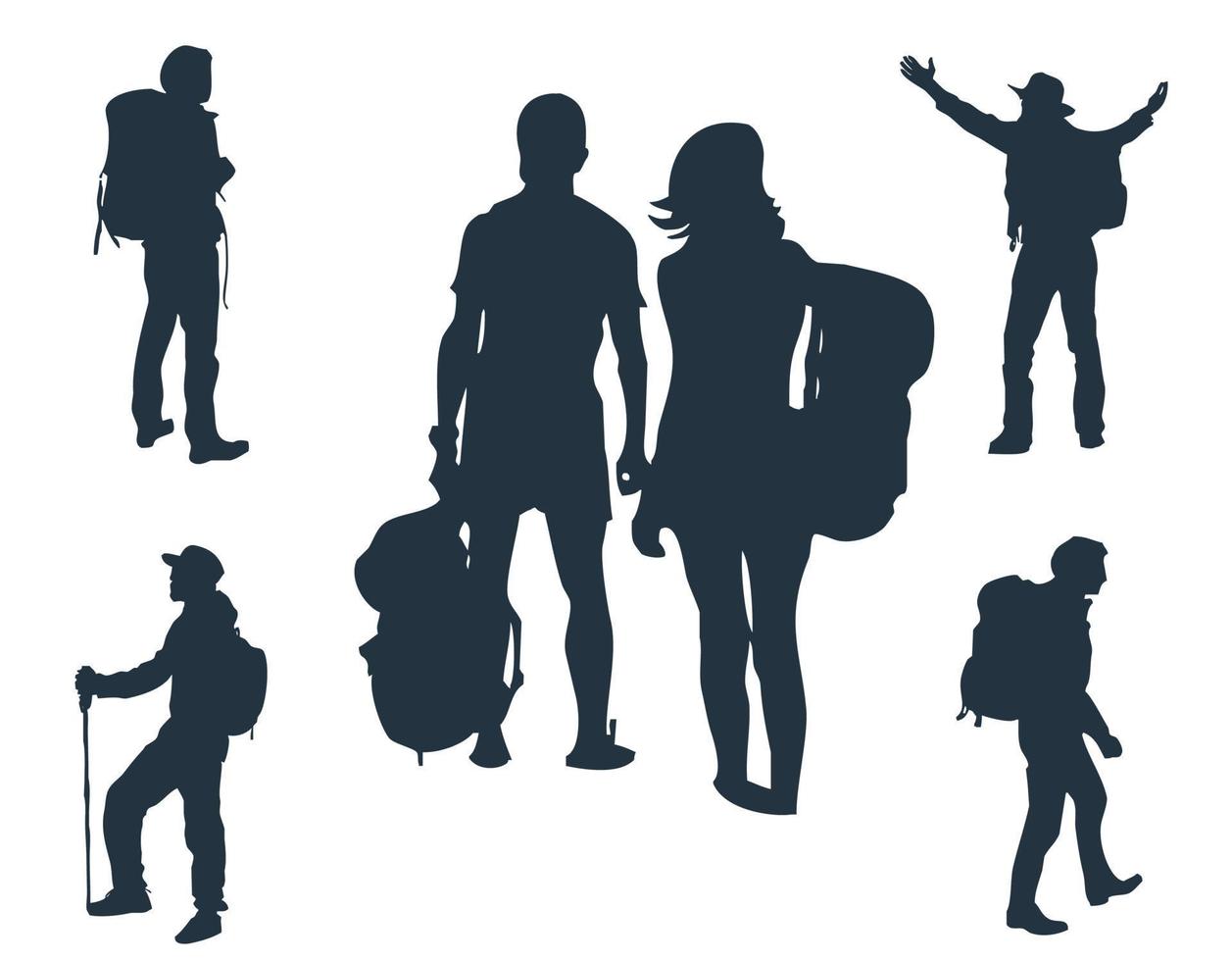 Set of silhouettes of tourists and travelers vector