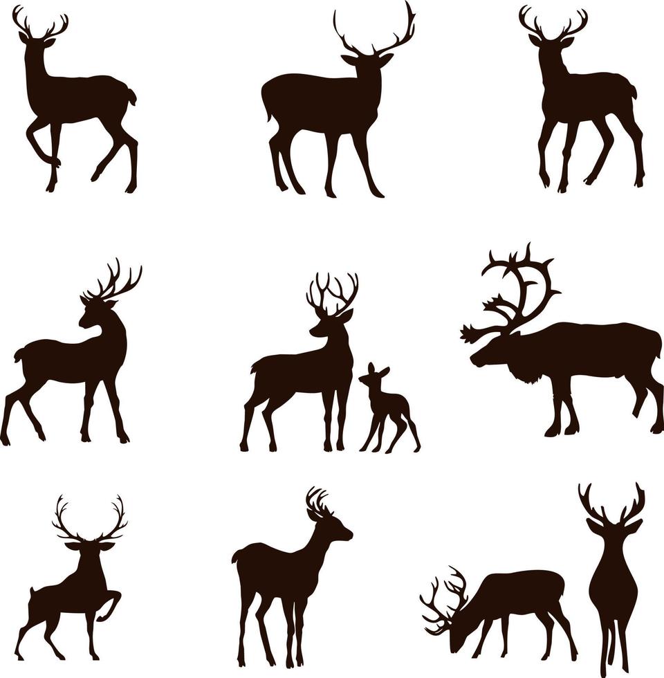 Set of deer silhouettes, 9 pieces. vector