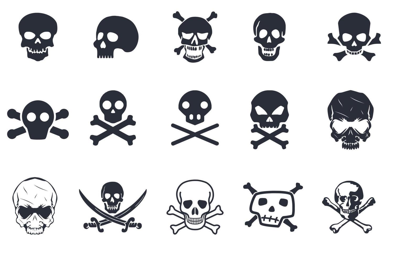 esqueletos gran conjunto de calaveras, huesos y símbolos piratas. 15 siluetas de calaveras y huesos en un juego. vector