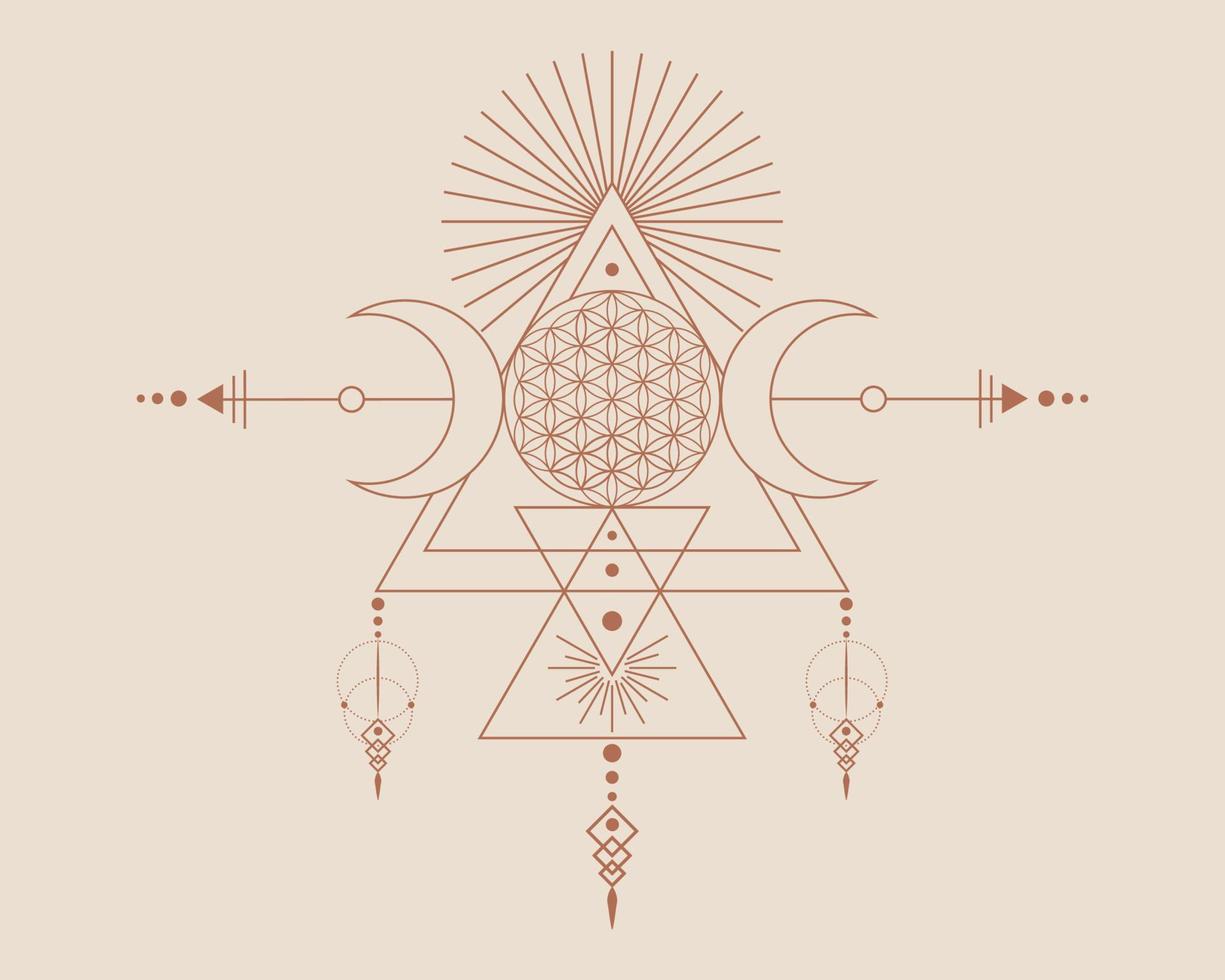 Triple Goddess and Flower of Life, Sacred Geometry, tribal triangles, moon phases in Shaman boho style. Tattoo, astrology, alchemy, and magic symbols. Vector isolated on vintage background