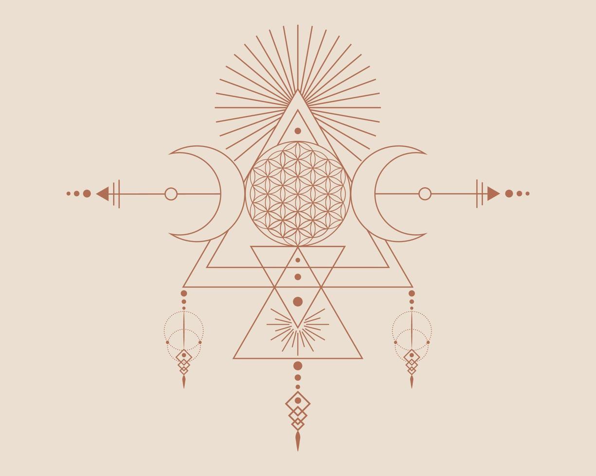 Triple Goddess and Flower of Life, Sacred Geometry, tribal triangles, moon phases in Shaman boho style. Tattoo, astrology, alchemy, and magic symbols. Vector isolated on vintage background