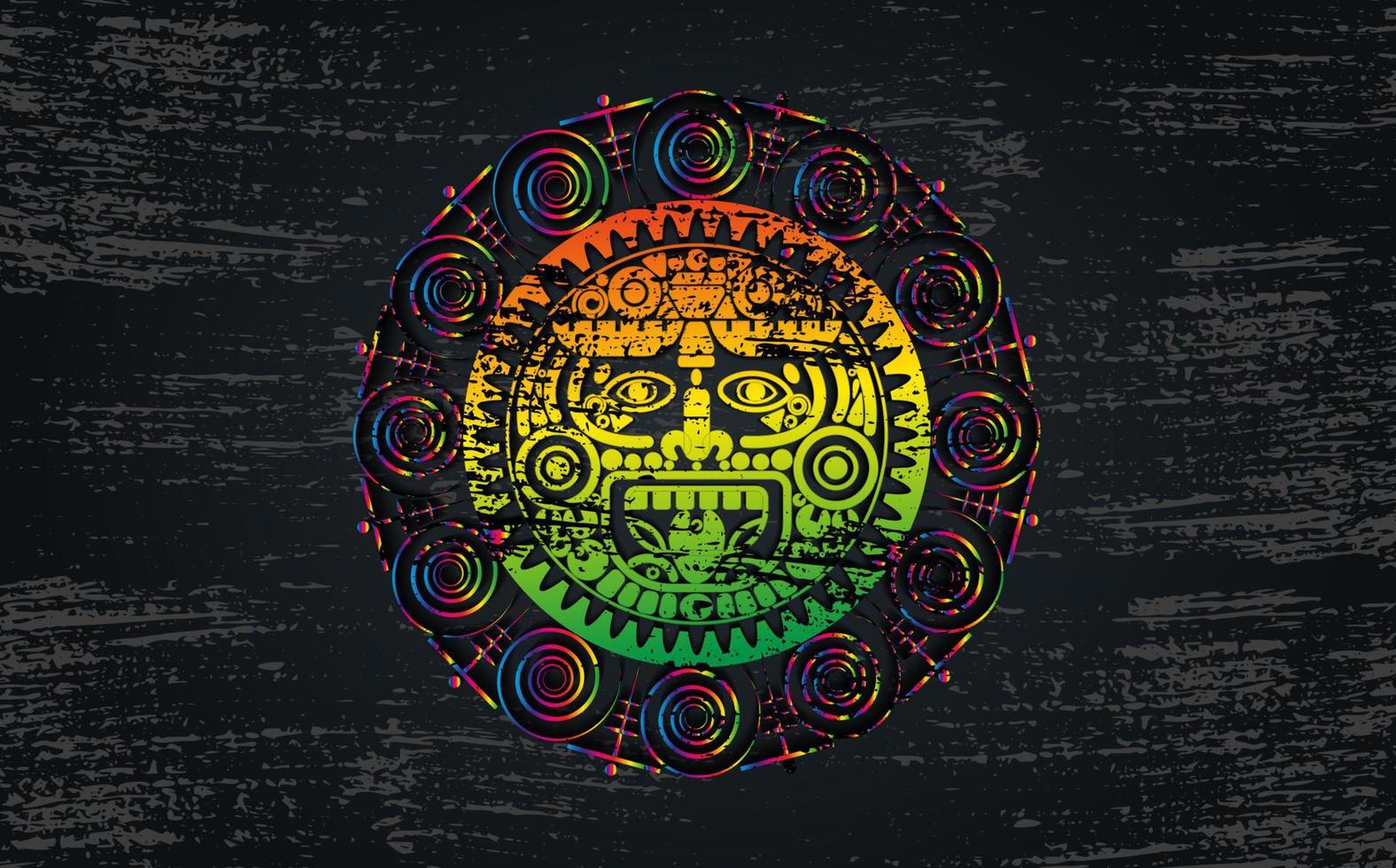 Ancient Sacred Mayan sun god, Aztec wheel calendar, Maya symbols ethnic mask. Psychedelic round frame border old logo icon. Grunge Mandala vector illustration isolated on black background