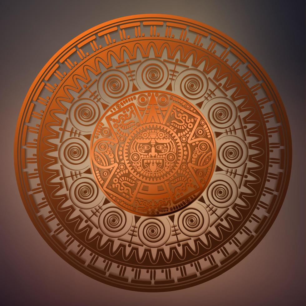 Sacred Aztec wheel calendar Mayan sun god, Maya symbols ethnic mask, bronze round frame border old logo icon vector illustration isolated on vintage background