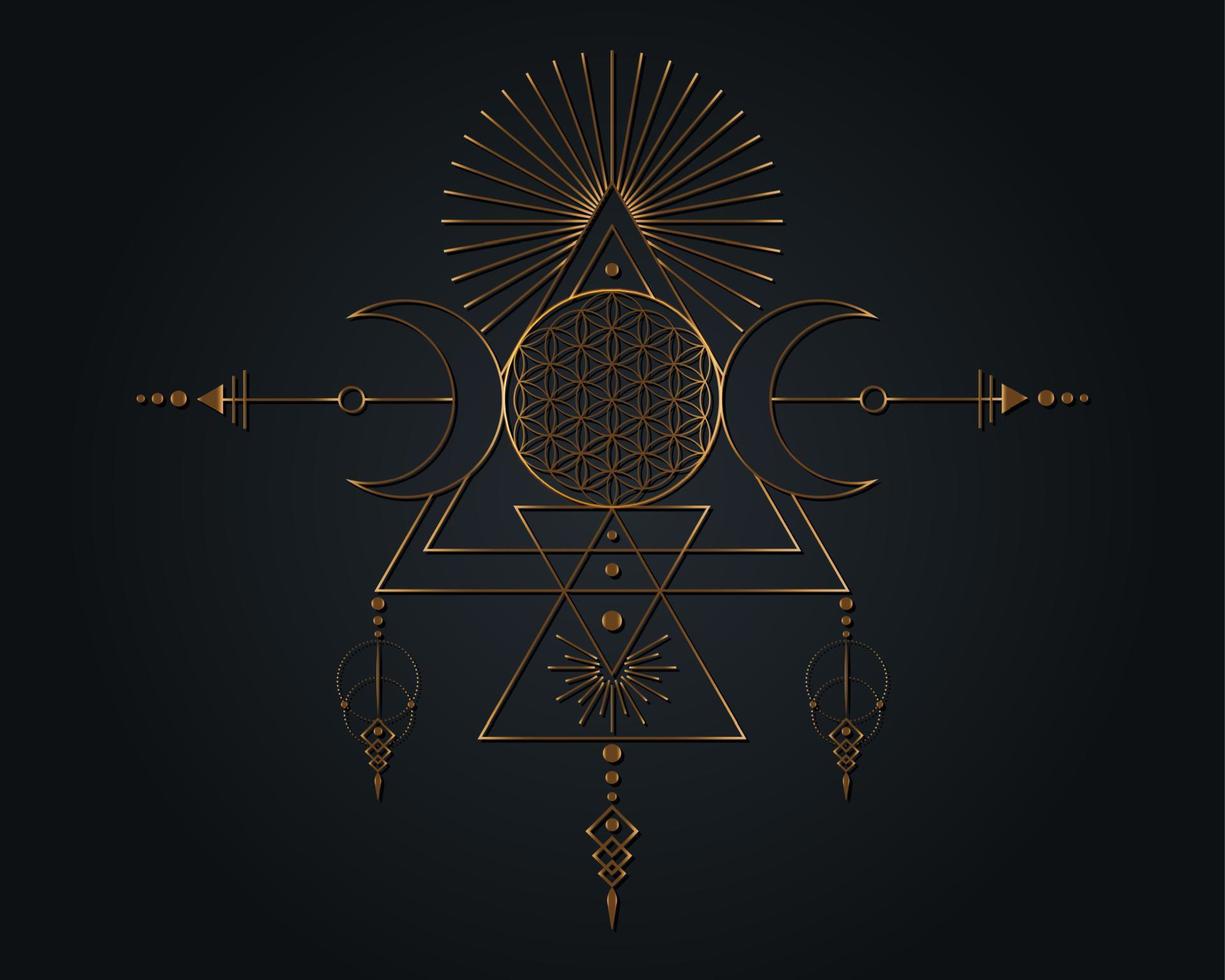 Triple Goddess and Flower of Life, gold Sacred Geometry, tribal triangles, moon phases in Shaman boho style. Astrology, alchemy, and magic symbols. Vector isolated on black background