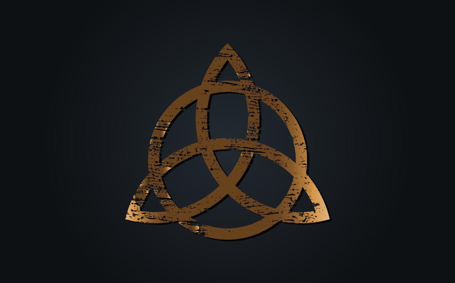 triquetra antigua de oro, nudo trinitario, símbolo wiccano de protección. viejo cartel grunge celta. símbolo de adivinación wiccan, símbolos ocultos, vector de geometría sagrada aislado en fondo negro