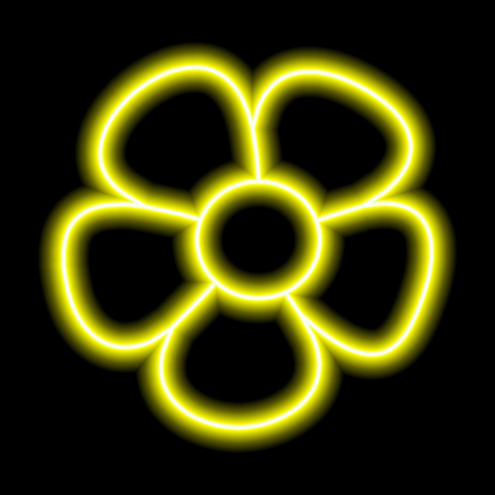 Neon yellow flower with petals on a black background. Simple illustration vector