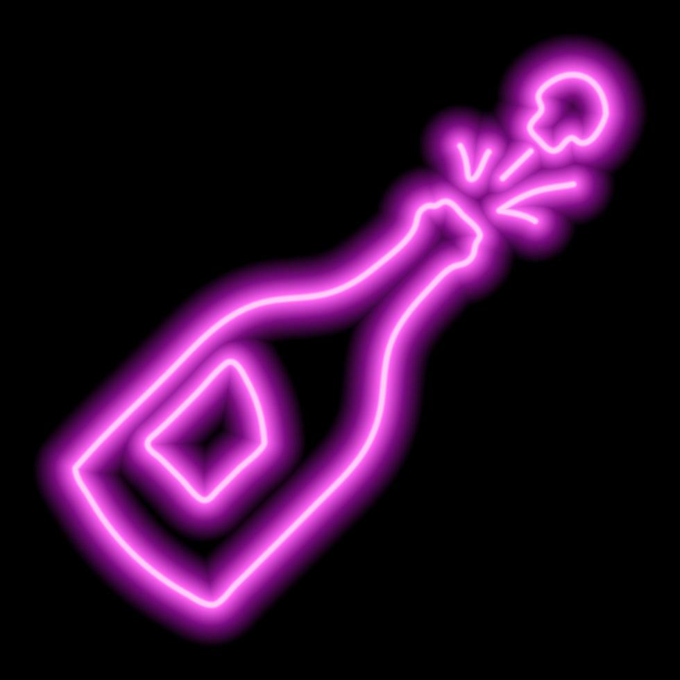 Open bottle of champagne with a flying cork. Neon pink outline on a black background. Vector illustration