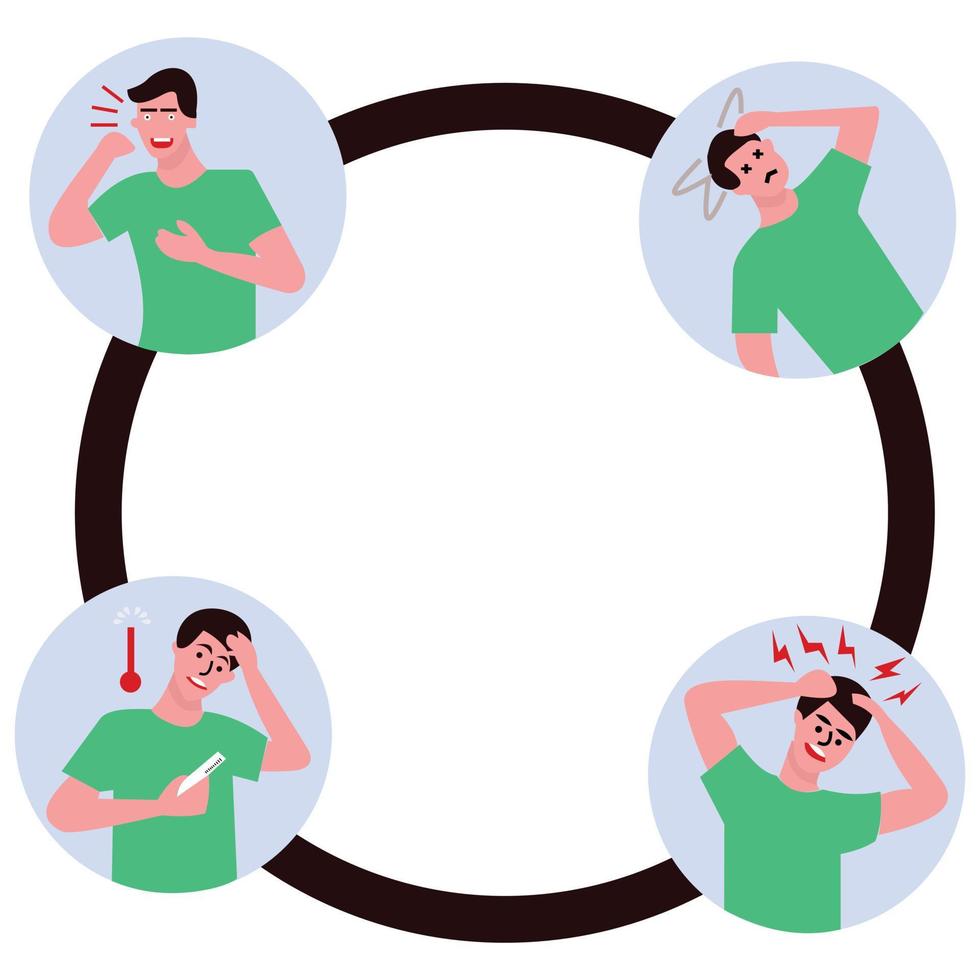 Vector collection of illustrations of people with fever, cough, and dizziness.