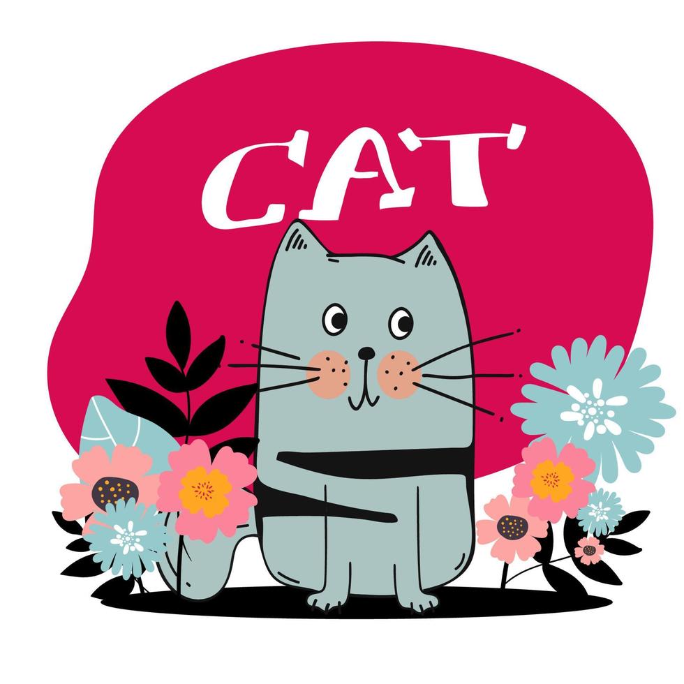 Portrait of a cut cat .Hand drawn cat style, flat illustration with lettering for children's room, nursery decor, postcards, print on baby clothes, apparel, poster. Vector. Vector illustration