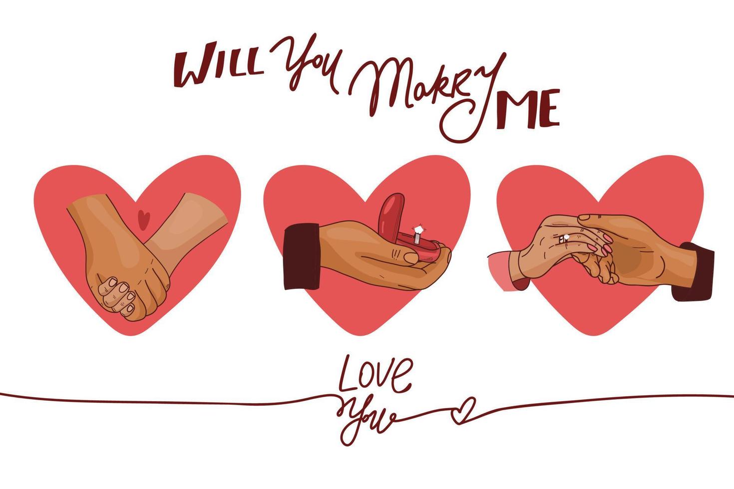 Will you marry me greeting card . Marriage proposal vector illustration with wedding ring and male hand . hearts. Vector illustration
