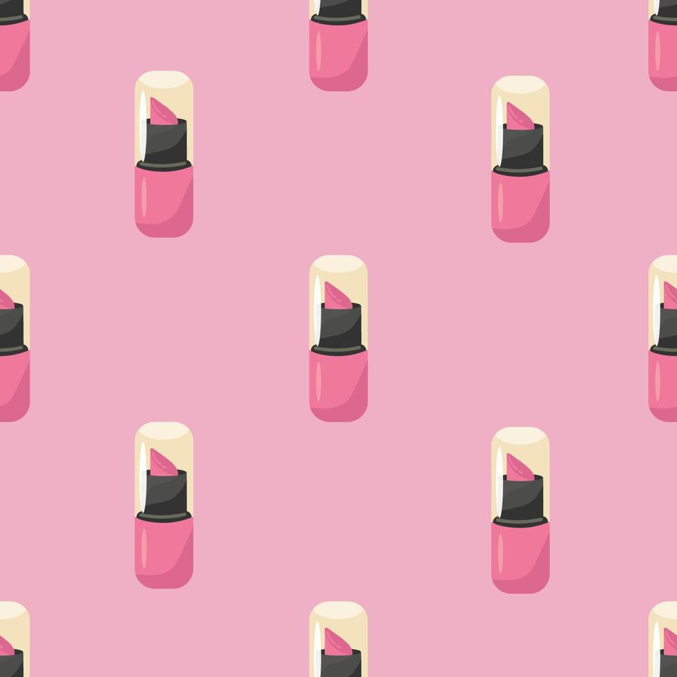 Seamless pattern with pink lipstick vector . Colored background with accessories. Pink lipstick on pastel pink background. Vector illustration