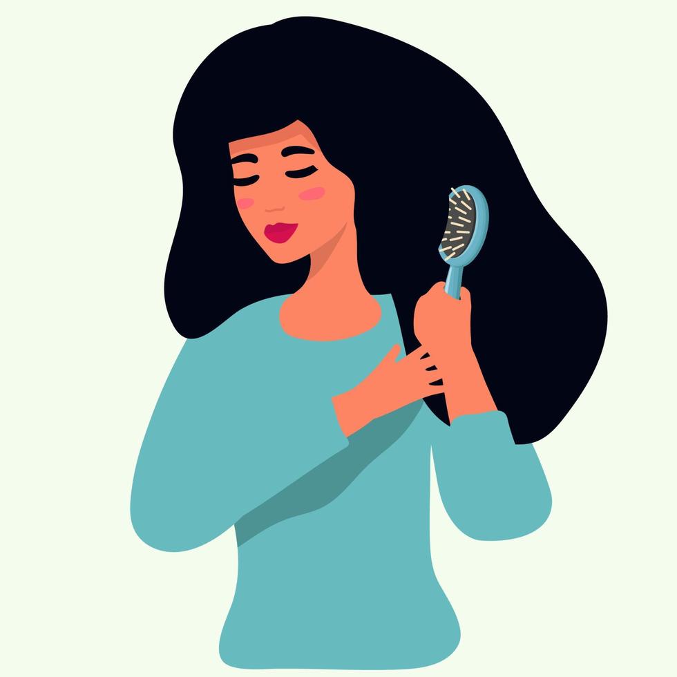 girl combing her long hair. flat Concept of Beauty, Hair care , hair health. Woman hairstyle by comb. isolated Vector cartoon illustration