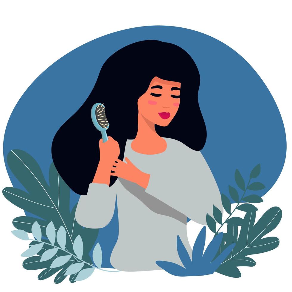 chica peinándose el pelo largo. concepto plano de belleza, cuidado del cabello, salud del cabello. peinado de mujer por peine. ilustración de dibujos animados de vector aislado