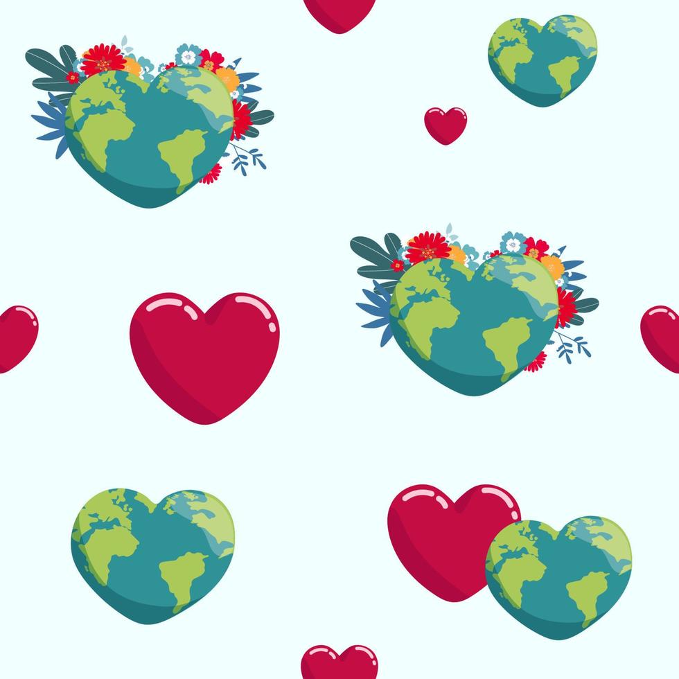 tierra en forma de corazón. globo de dibujos animados de patrones sin fisuras. Iconos web verde naturaleza feliz carácter. plantilla de ilustración catastrófica de mapa mundial de planeta tierra de ecología de amor. salve el planeta vector