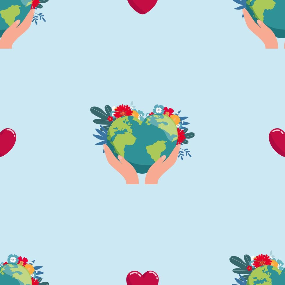 tierra en forma de corazón. globo de dibujos animados de patrones sin fisuras. Iconos web verde naturaleza feliz carácter. plantilla de ilustración catastrófica de mapa mundial de planeta tierra de ecología de amor. salve el planeta vector