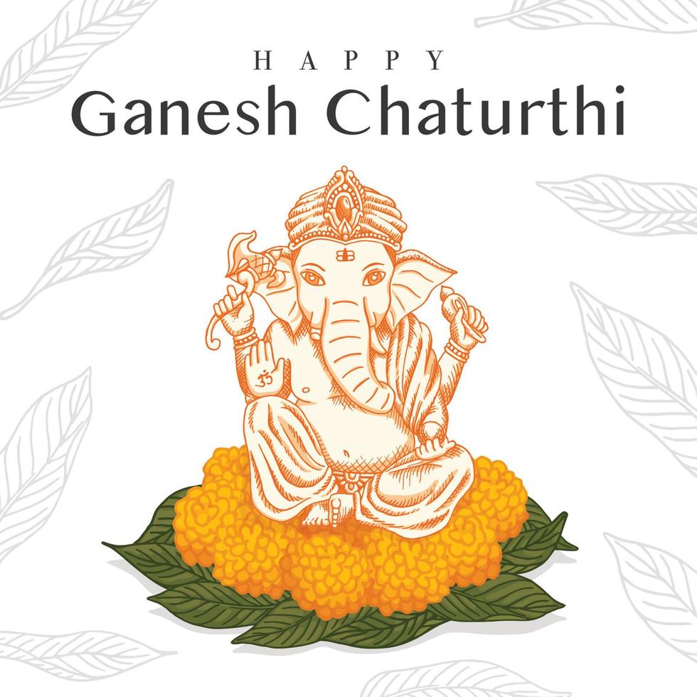 celebrate Ganesh Chaturthi elephant worship with worship  yellow flowers and mango leaf  retro old line art etching vector