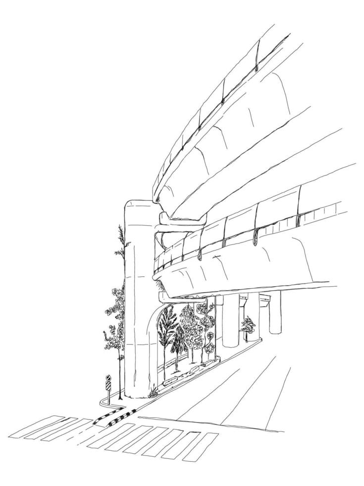 siam sky train in Bangkok city retro old line art etching vector