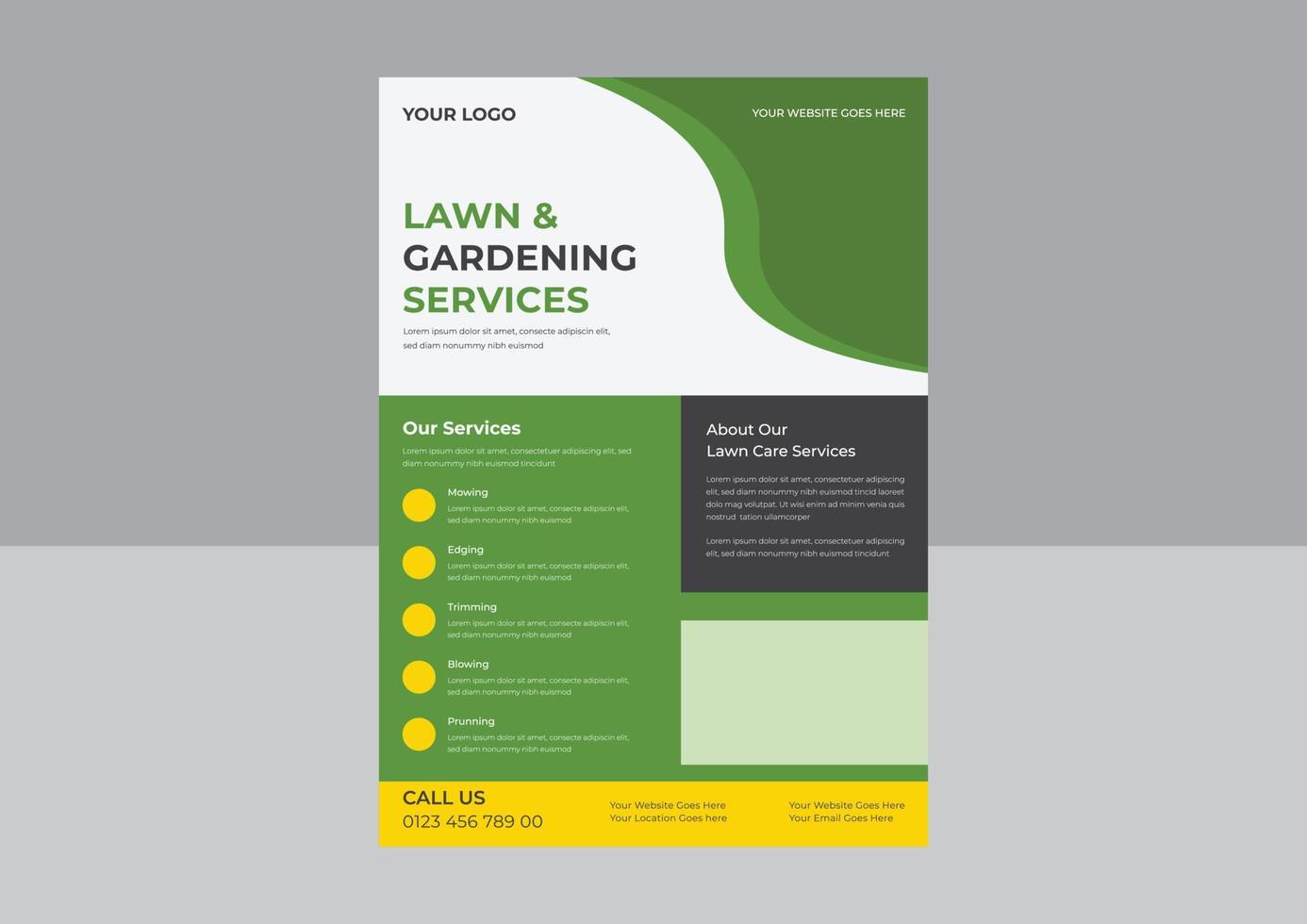 Lawn Mower Garden or Landscaping Service Flyer Template, Business Flyer poster pamphlet brochure cover design layout background, Tree and gardening service poster leaflet design. vector