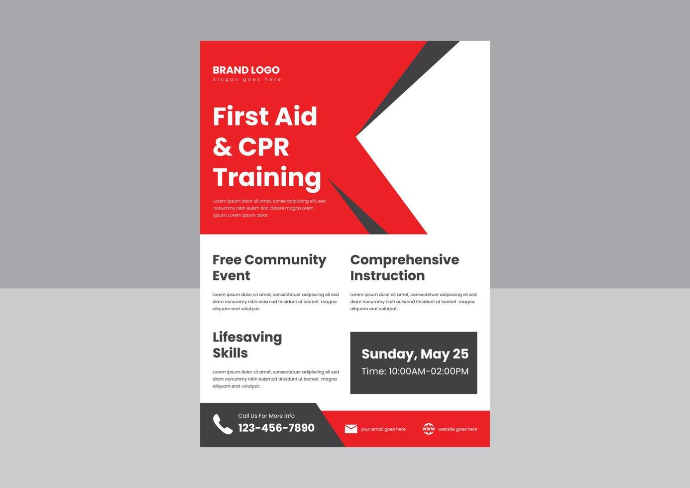 CPR and first aid training flyer poster template. CPR training course flyer poster design. first aid adult CPR training flyer design. vector