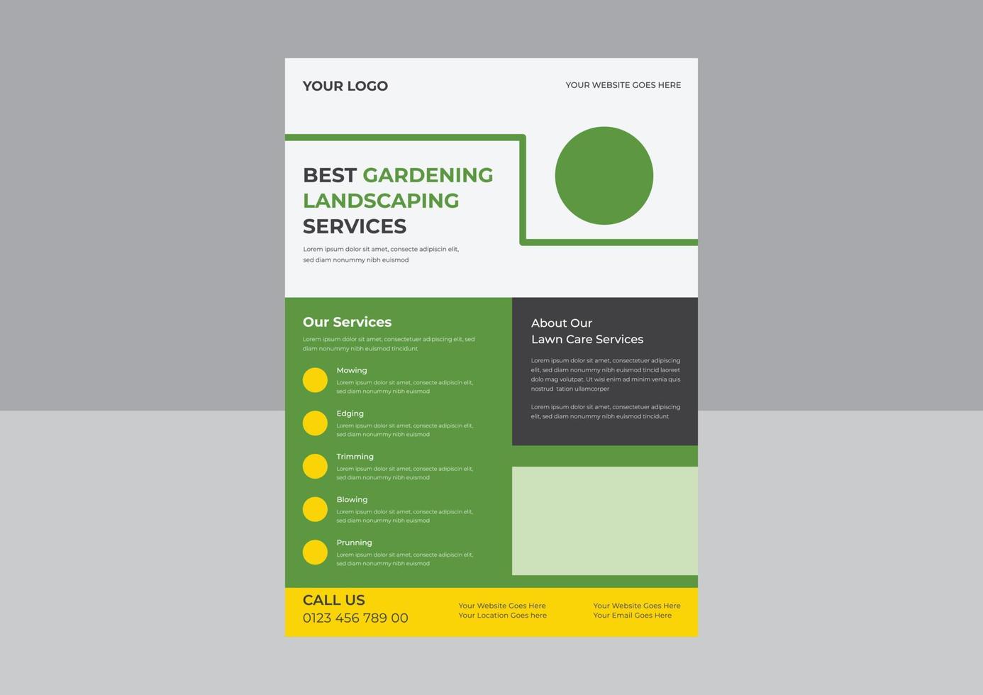 Lawn Mower Garden or Landscaping Service Flyer Template, Business Flyer poster pamphlet brochure cover design layout background, Tree and gardening service poster leaflet design. vector