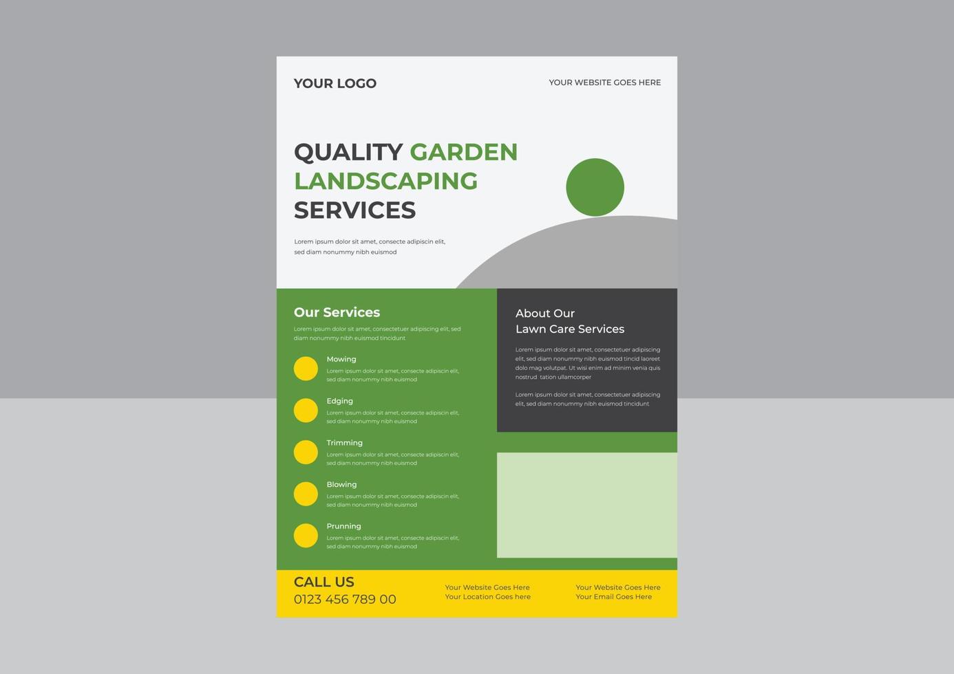 Lawn Mower Garden or Landscaping Service Flyer Template, Business Flyer poster pamphlet brochure cover design layout background, Tree and gardening service poster leaflet design. vector