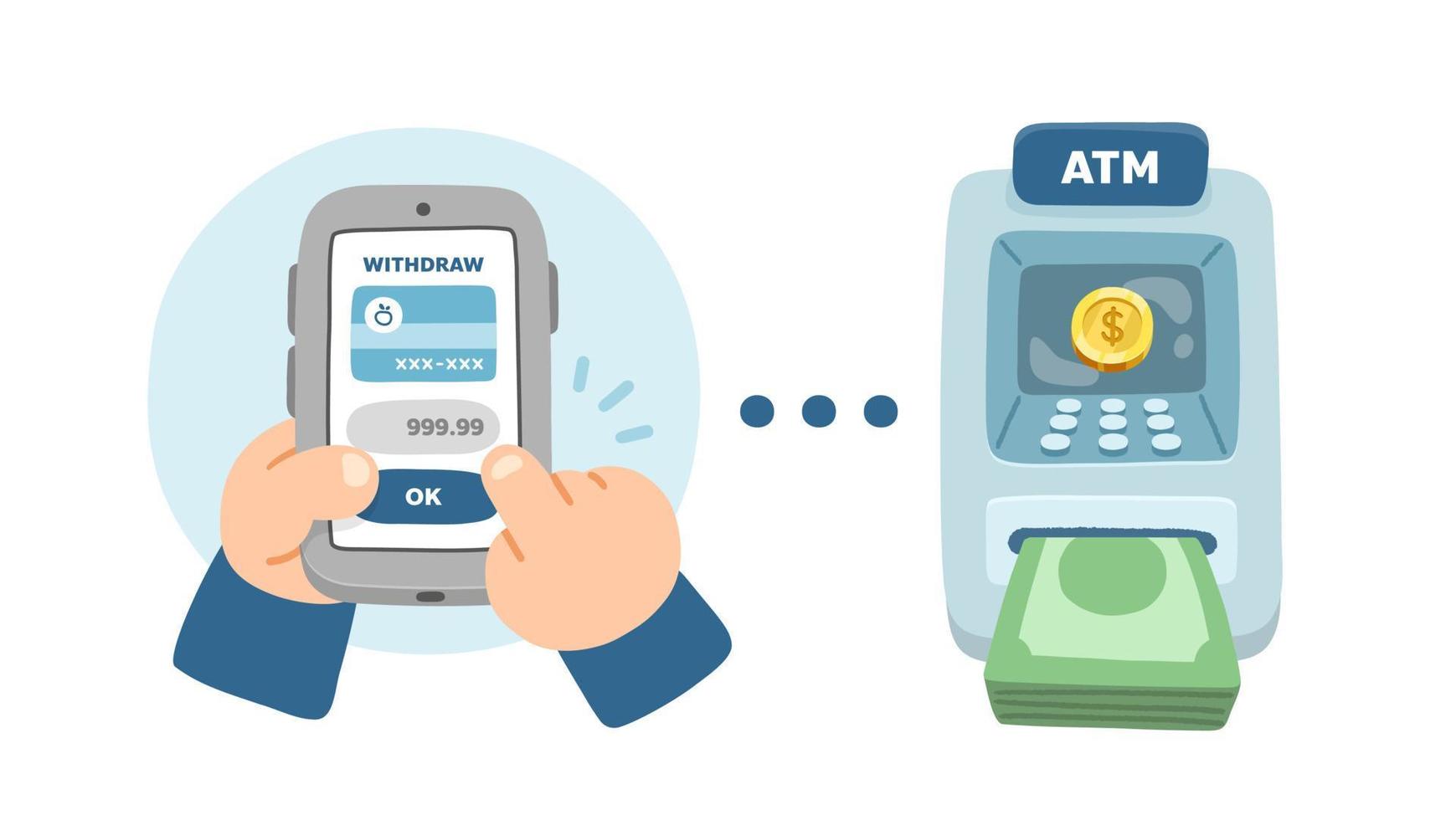 cute hand touching smartphone screen to withdraw money from cash machine vector