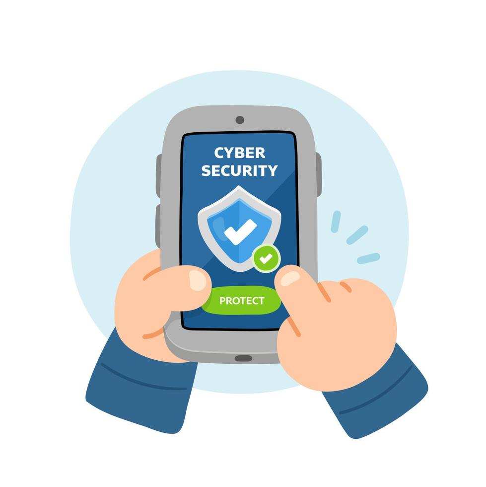 cartoon hand holding smartphone and touching screen to use cyber security application vector