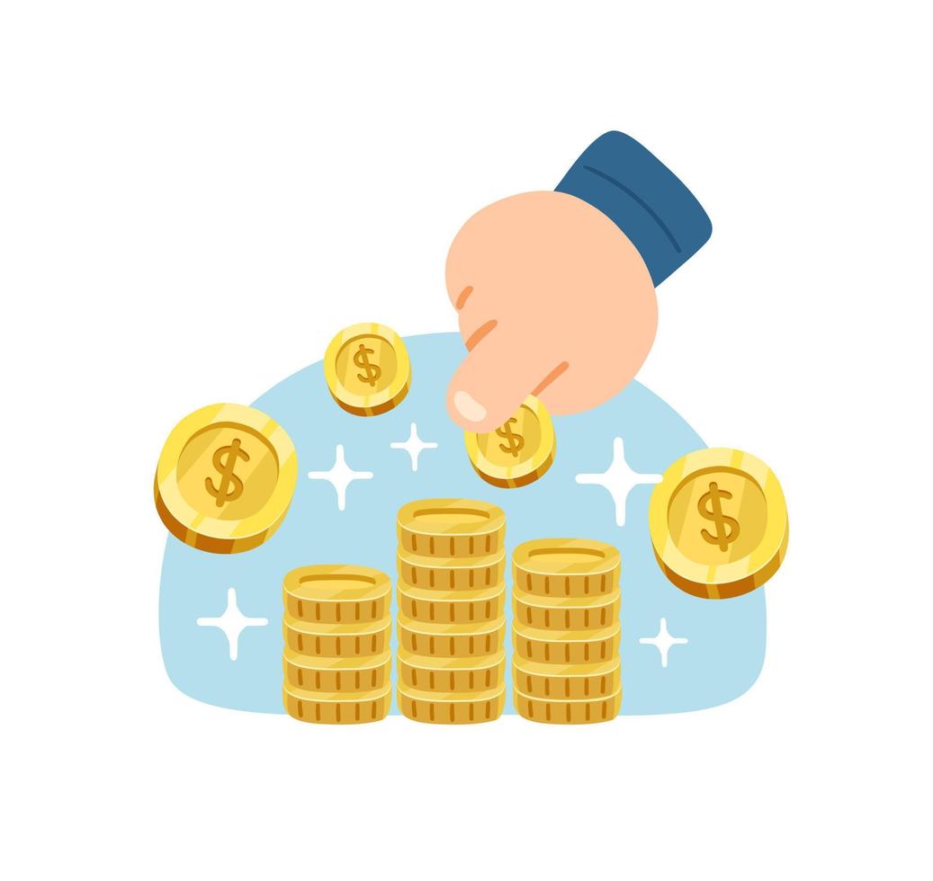 cartoon hand holding a coin is placing it on a pile of coins vector