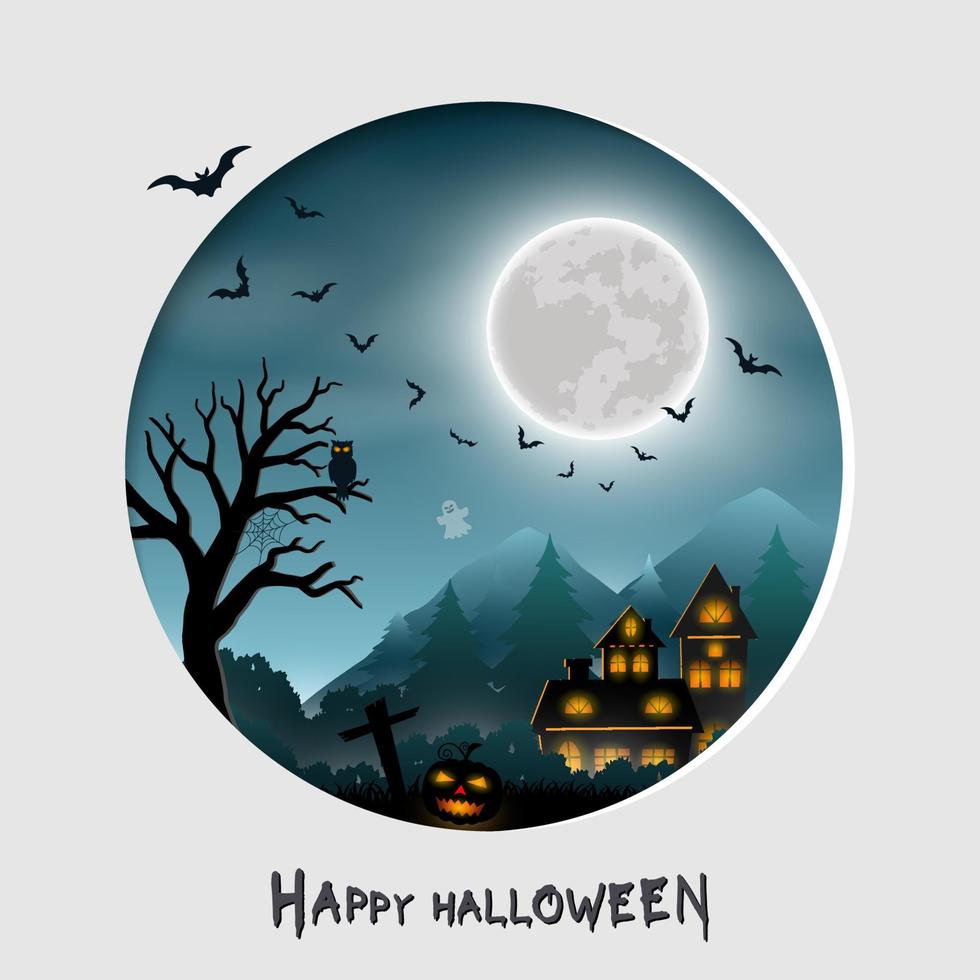 Halloween night scene background on paper cut and craft style vector