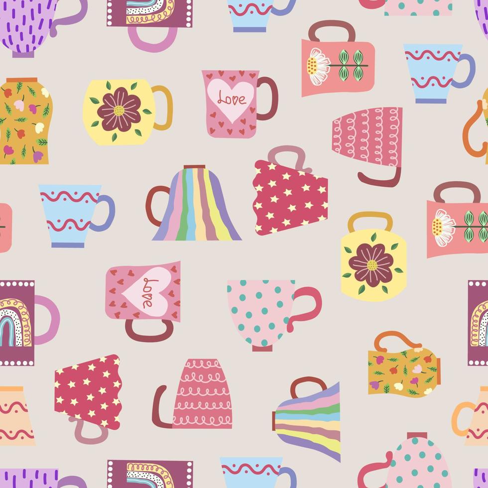 Seamless pattern of vintage mugs. Hand-drawn with a naive Scandinavian style vector