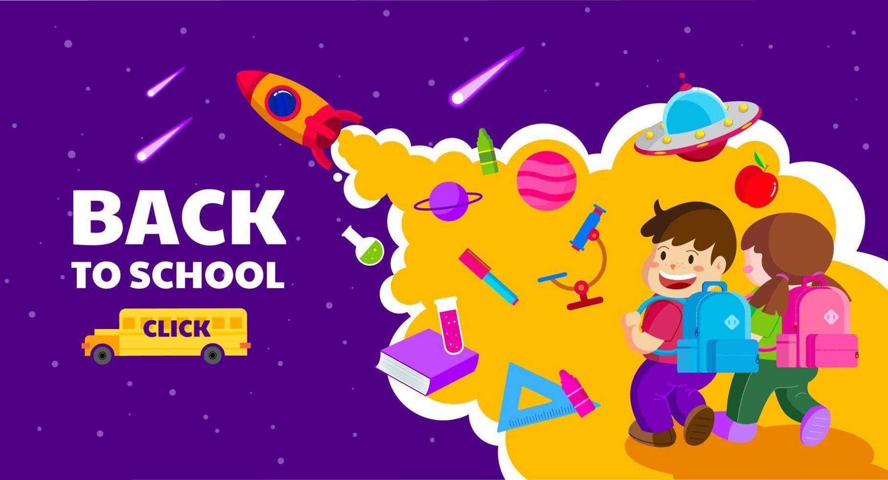 regreso a la escuela, banner de plantilla, bolsa, concepto de niños, autobús escolar, ilustración vectorial vector