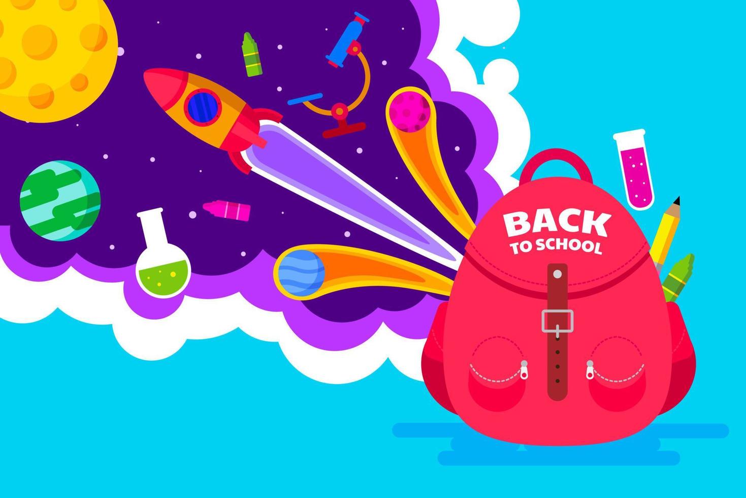 regreso a la escuela, banner de plantilla, bolsa, ilustración de vector de concepto de niños