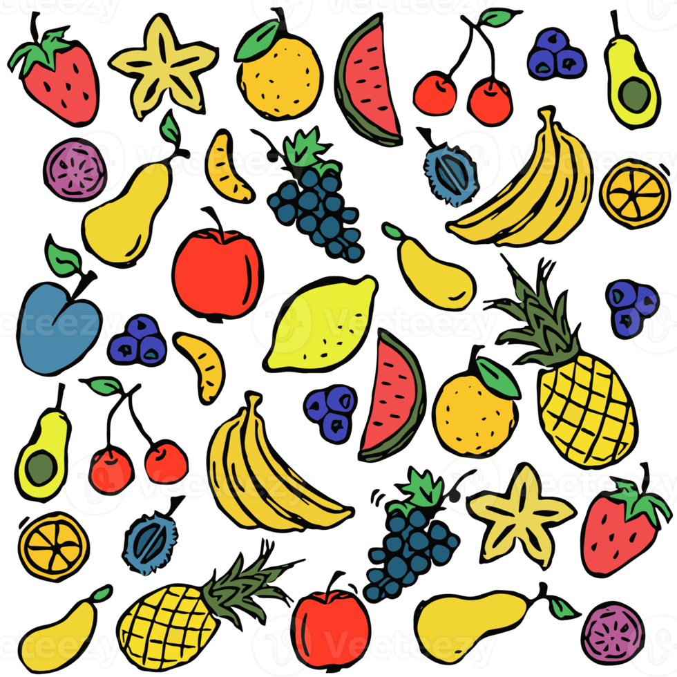 Colored fruits icons. Doodle illustration with fruits icons. Vintage vegetarian set icons png