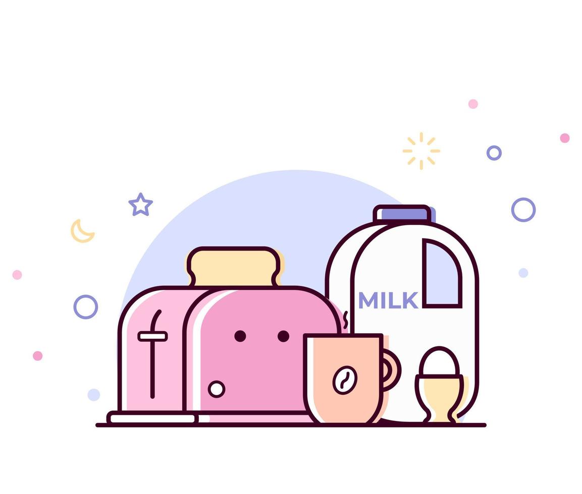 Happy morning breakfast. Toaster, cup of coffee, milk, egg, bread are drawn in a line flat style. Pastel colors. vector