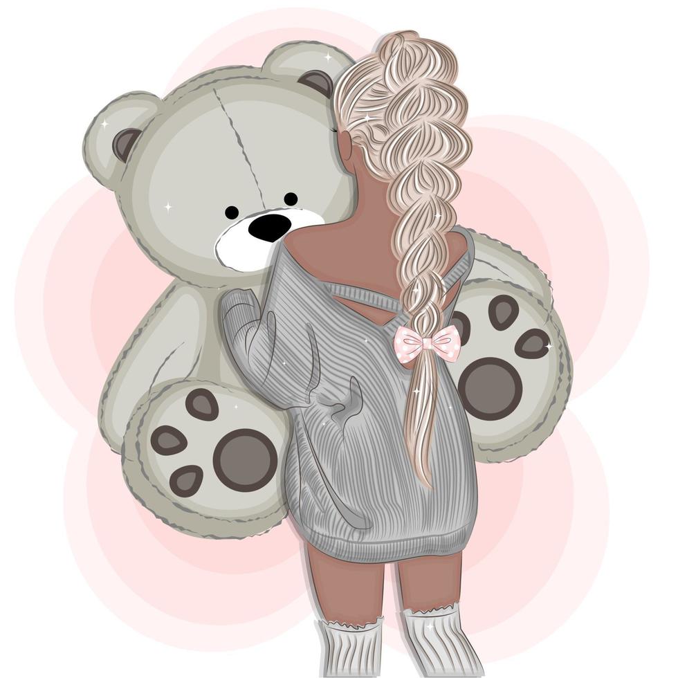 Fashionable blonde with teddy bear, vector illustration, print,