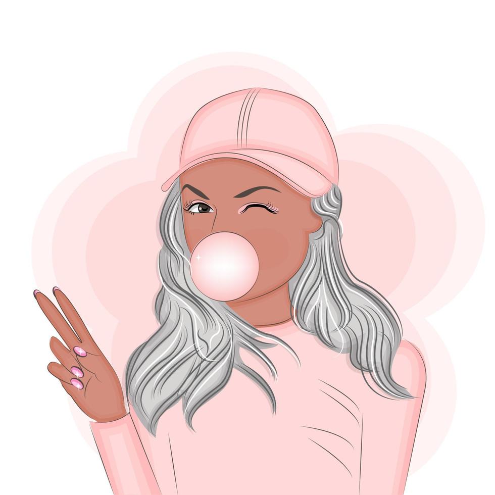 Fashionable girl in a cap blowing gum, vector illustration, print