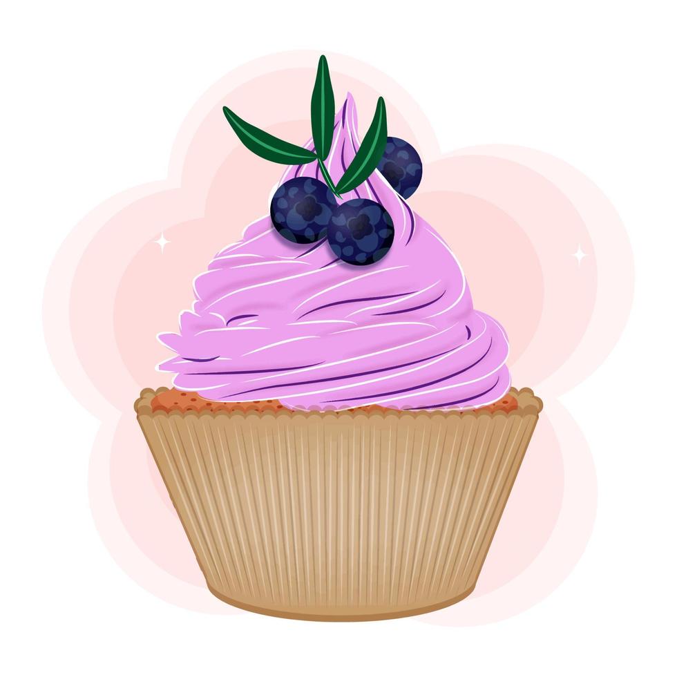 Cute cupcake isolated on white background, Delicious dessert decorated with blueberries, vector illustration.