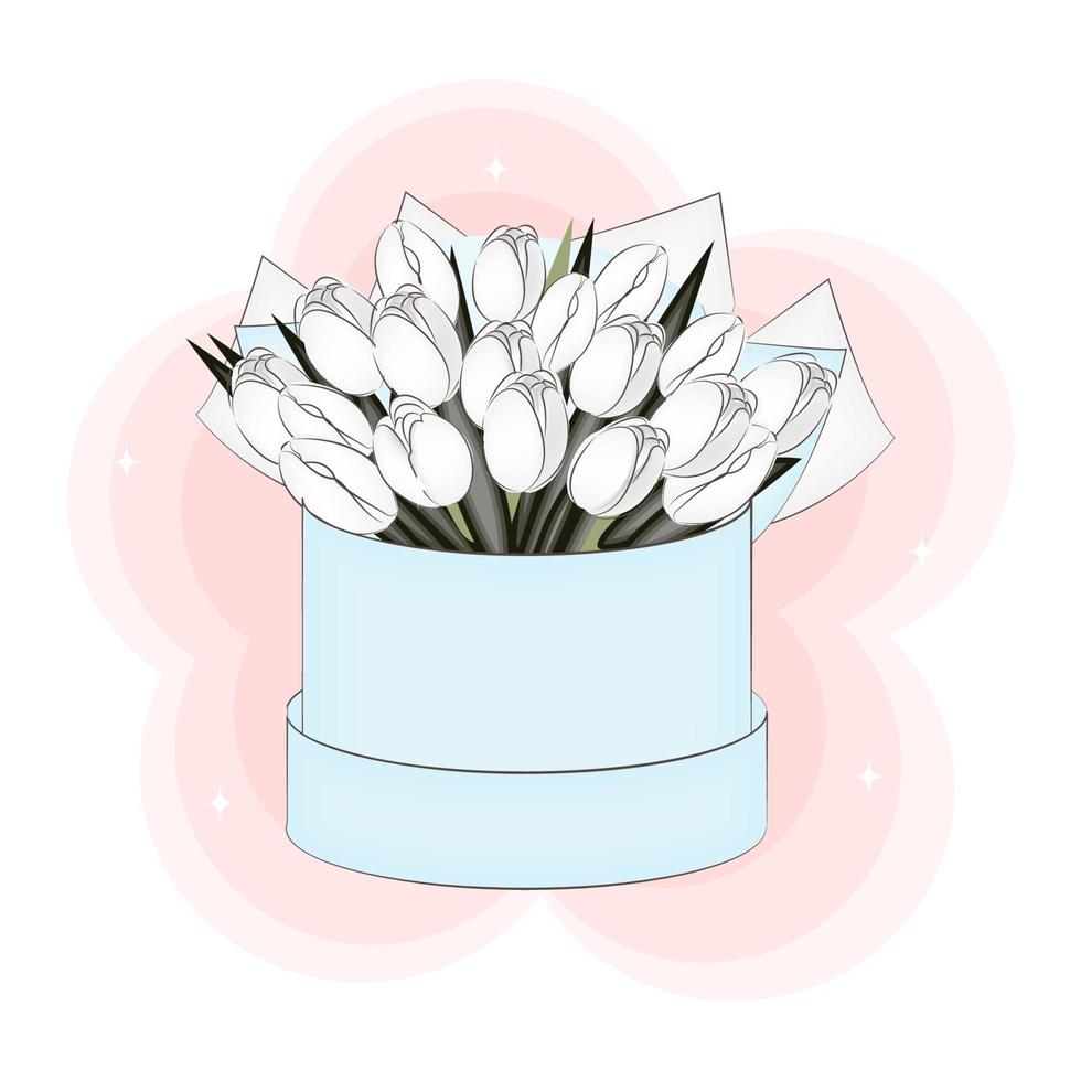 Bouquet of white tulips in a gift box, vector illustration