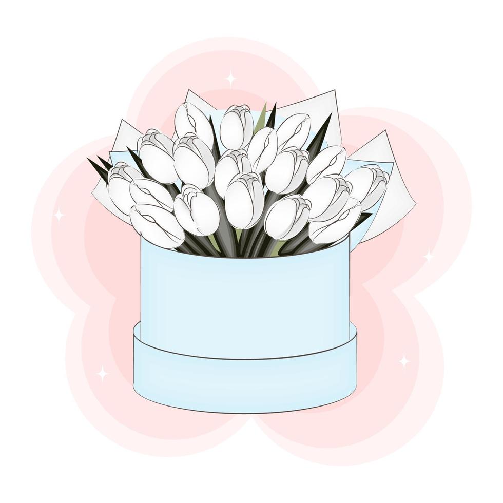 Bouquet of white tulips in a gift box, vector illustration